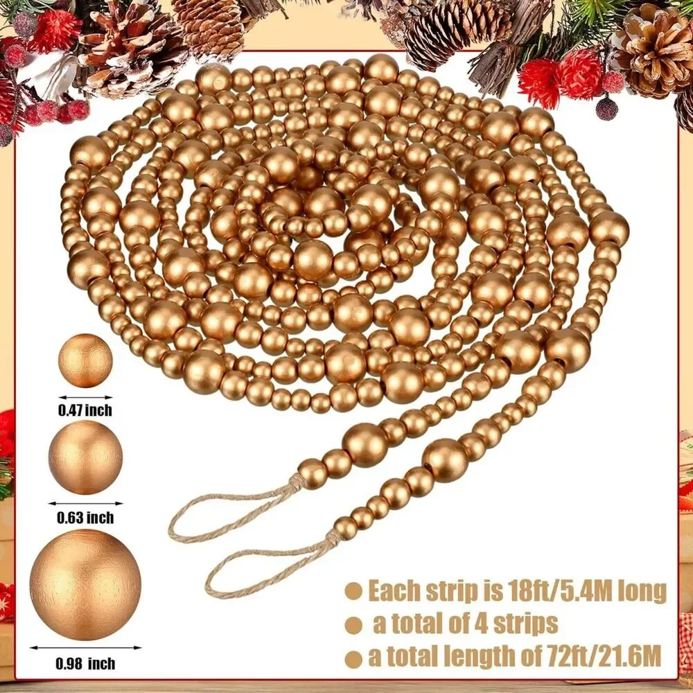 72 ft Antique Gold Wood Bead Garland 4pc Christmas Tree Farmhouse Rustic Decor